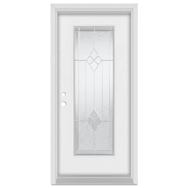Stanley Doors 32 in. x 80 in. Geometric Right-Hand Zinc Finished Fiberglass Mahogany Woodgrain Prehung Front Door