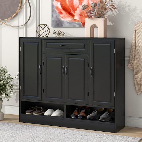 47.2 in. H x 39.4 in. W Black Wood 4-Door Shoe Storage Cabinet with Drawer and Open Shelf, Shoe Cabinet for Entryway