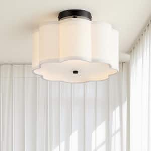 13 in. 3-Light Black LED Semi-Flush Mount Ceiling Light Fixture with with Petal Fabric Shade E26 Bases