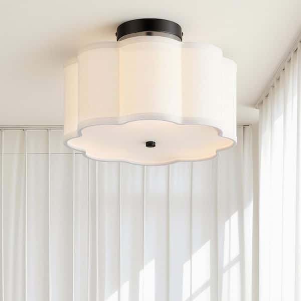 13 in. 3-Light Black LED Semi-Flush Mount Ceiling Light Fixture with with Petal Fabric Shade E26 Bases