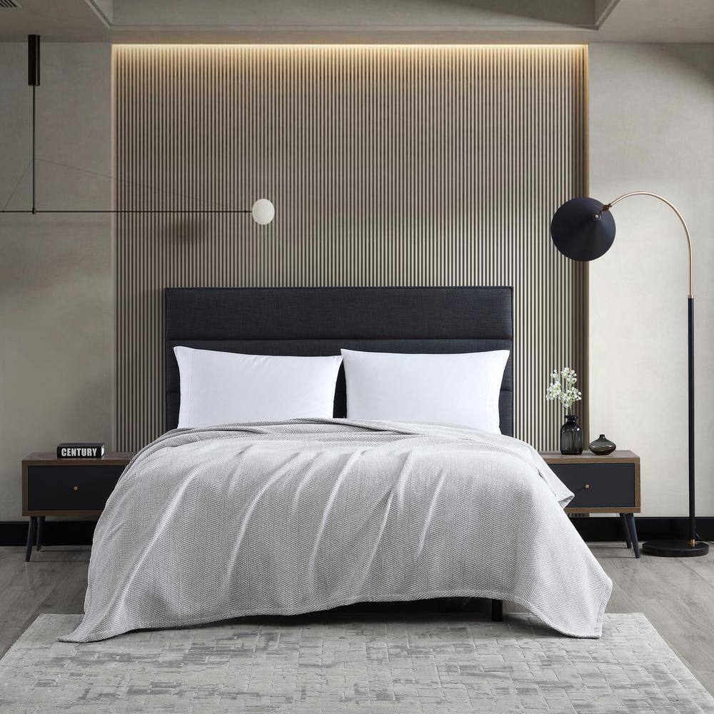 Classic Modern Cotton Twin Blanket with Herringbone Weave