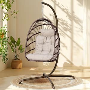 FINCATI Foldable 350 lbs. 1 Person Wicker Porch Swing with Beige Body Beige Custion without Cover Hanging Egg Chair with Stand HH 0036 The Home Depot