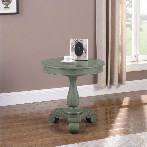 Teal Gray Wood Round Accent Table with Single Column Base