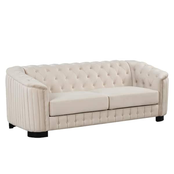 82 in. Square Arm Velvet Rectangle Sofa with Rubber Wood Legs in Beige