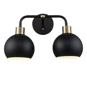 Indigo 15 in. 2-Light Black and Gold Bathroom Vanity Light Fixture with Metal Shades