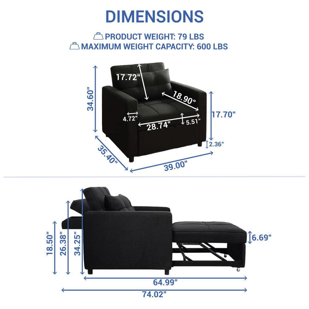 Black Linen Convertible Sleeper Accent Chair with Metal Frame
