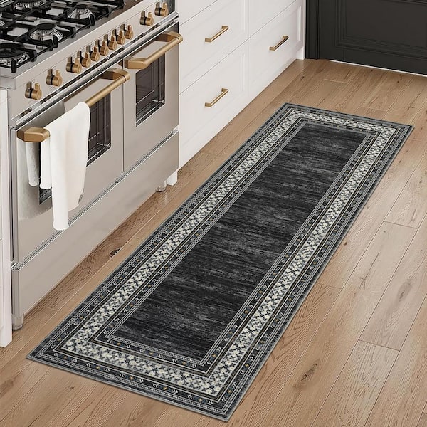 Black 2 ft. x 6 ft. Washable Bordered Runner Rug, Non Slip Low Pile Stain Resistant Rug for Hallway, Entryway