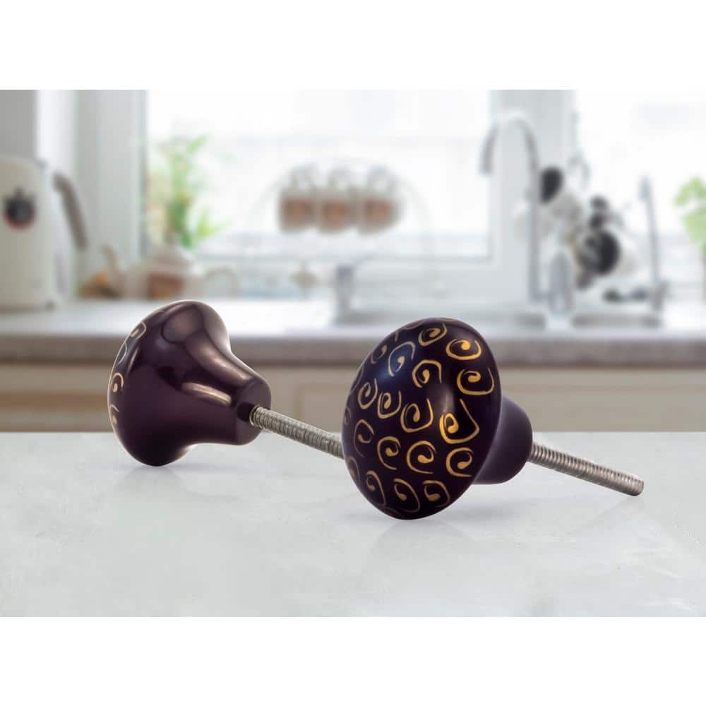 Black and Gold Round Ceramic Cabinet Knob with Hardware