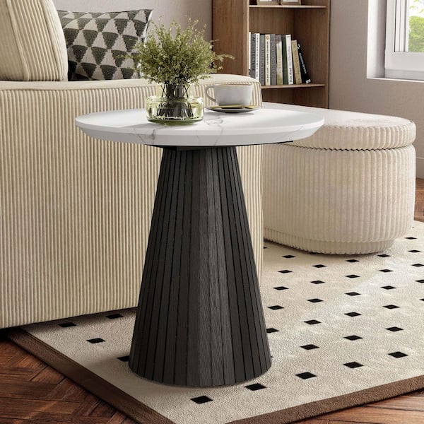 Jones 22 in. Black Round Faux Marble Top End Table with Reeded Drum Base