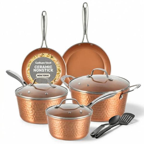 Hammered Copper 10-Piece Aluminum Non-Stick Cookware Set with Utensils