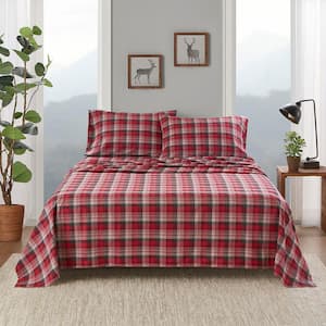 Cotton Flannel 4-Piece Red Plaid Cal King Sheet Set