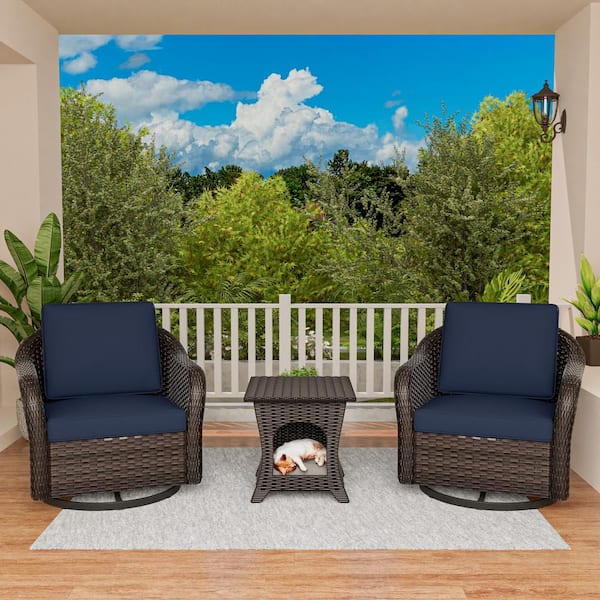 MeetLeisure 3-Piece Patio Furniture Set Outdoor Wicker Conversation with Blue Cushions and Small Pet Table