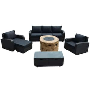 Ava Black 6-Piece Wicker Patio Fire Pit Conversation Sofa Set with Black Cushions