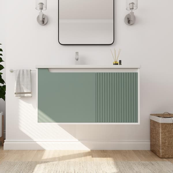 FAMYYT 36 in. W x 19.9 in. D x 20.1 in. H Single Sink Floating Bath Vanity in Green with White Ceramic Top