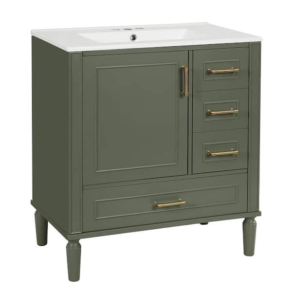 30 in. Single Sink Free-Standing Olive Green Bath Vanity with Ceramic Top Unassembled and Soft-Close Door,Built-in Shelf