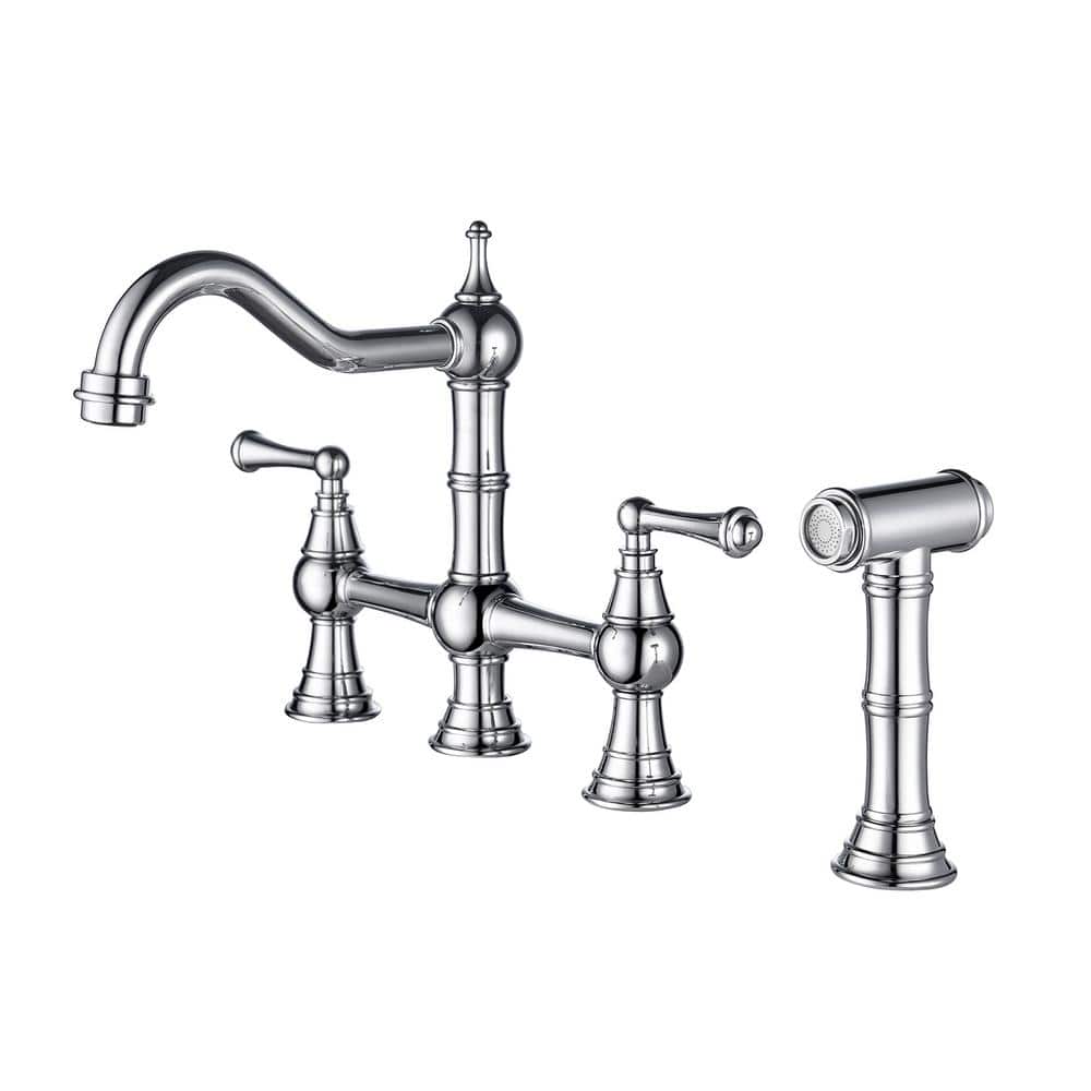 UPIKER Double Handle Bridge Kitchen Faucet with PullOut Side Spray in