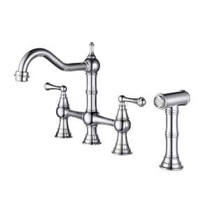 Double Handle Bridge Kitchen Faucet with Pull-Out Side Spray in Chrome