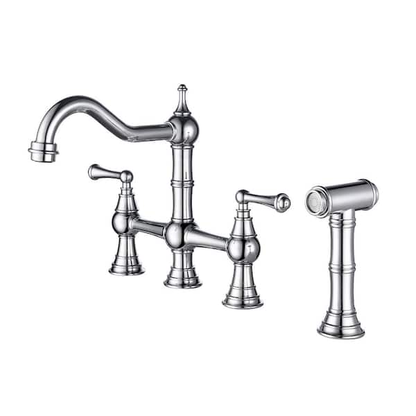 UPIKER Double Handle Bridge Kitchen Faucet with Pull-Out Side Spray in Chrome