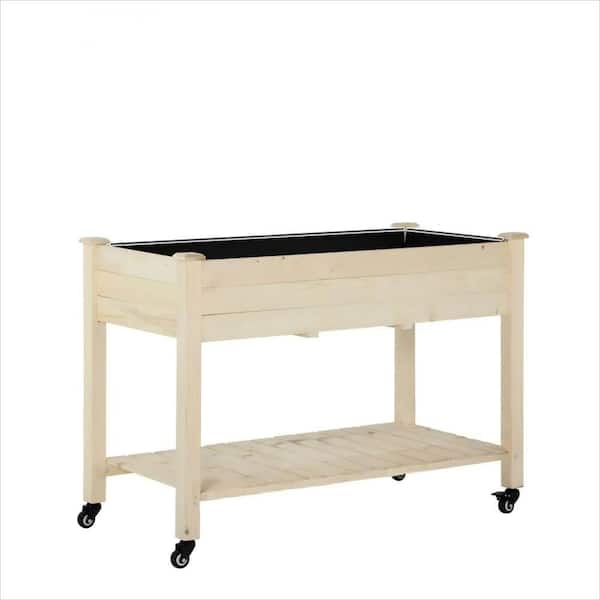 Unbranded Natural Wood Raised Garden Bed with Lockable Wheels Storage Shelf, and Bed Liner-Wooden Planter Box for Backyard, Patio