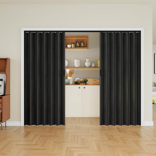 96 in. x 80 in. Black Woodgrain Vinyl PVC Accordion Door, Interior Folding Doors with Installation Hardware