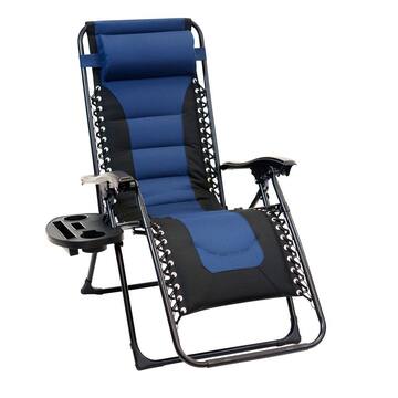 Patio Premier Black Frame Blue and Black Patio Premier Padded Gravity Foldable Chairs with Foot Cover and Big Cupholder (2-Pack) 243079PBB