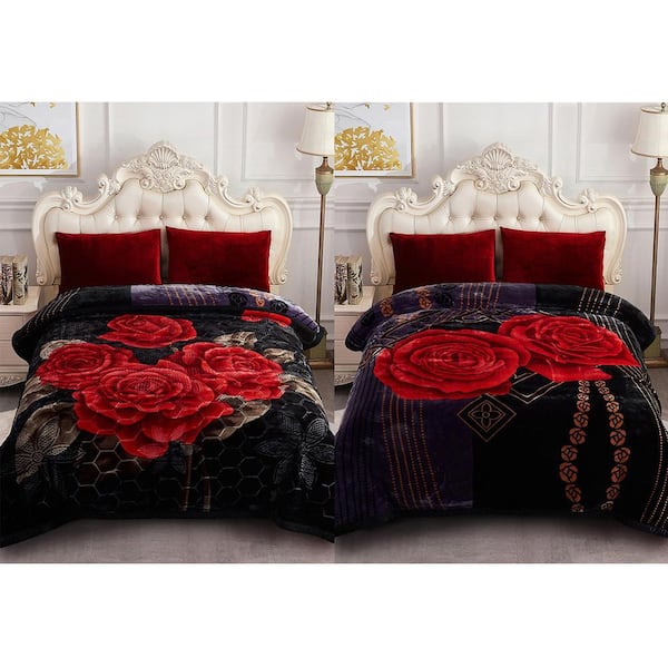 JML Black Flower 2-Ply Reversible Polyester Fleece Mink 85 in. x