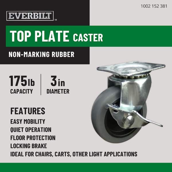 3 in. Gray Rubber Like TPR and Steel Swivel Plate Caster with Locking Brake and 175 lb. Load Rating