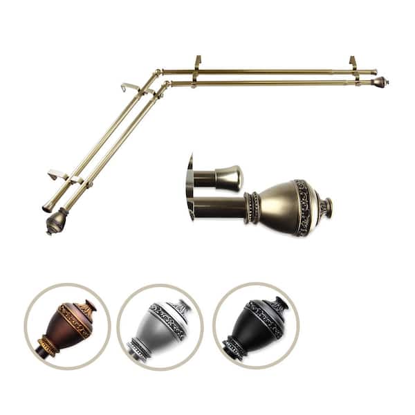 Rod Desyne 13/16" Dia Adjustable 66" to 120" Double Corner Window Curtain Rod in Antique Brass with Amelie Finials