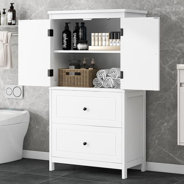 23.6 in. W x 11.8 in. D x 43.3 in. H White Wood Freestanding Floor Storage Linen Cabinet with 2-Door and 2-Drawer
