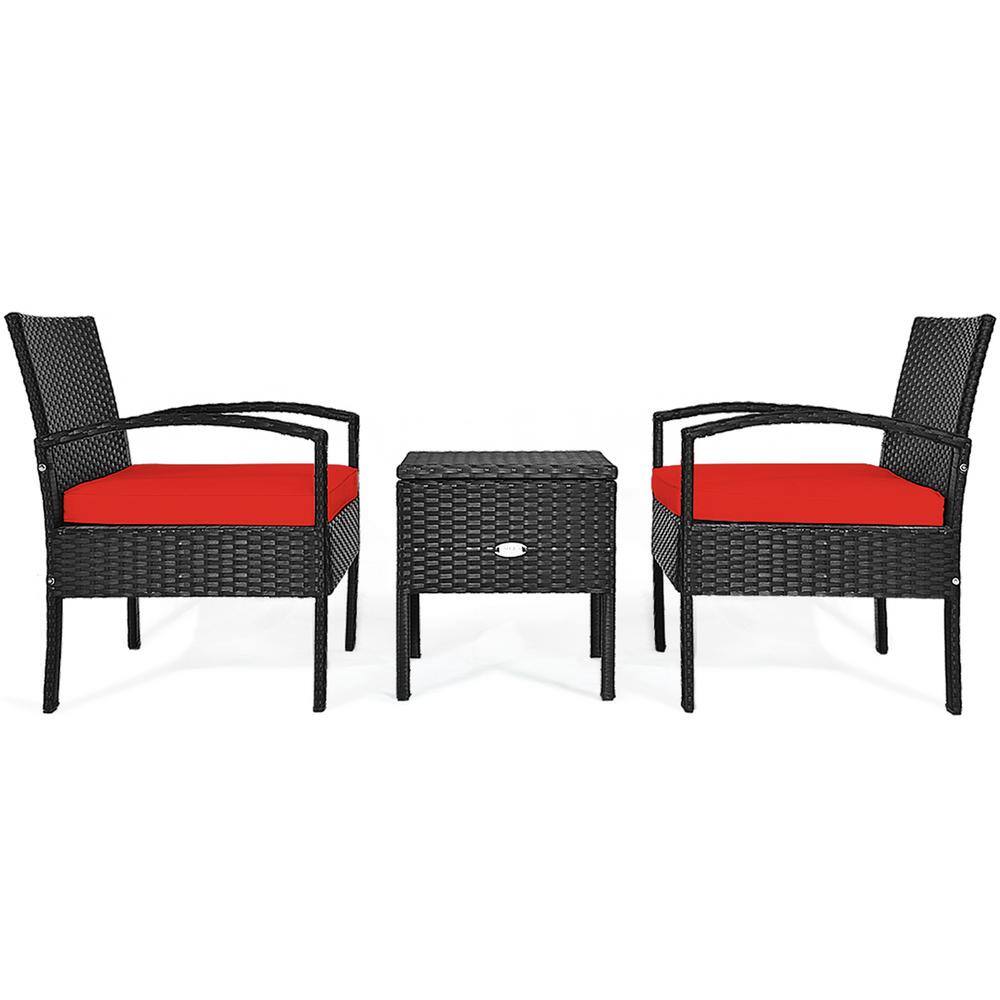 3-Pieces Wicker Patio Conversation Furniture Set with Storage Table Red Cushion price history on PriceWatchPro