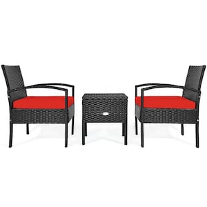 3-Pieces Wicker Patio Conversation Furniture Set with Storage Table Red Cushion