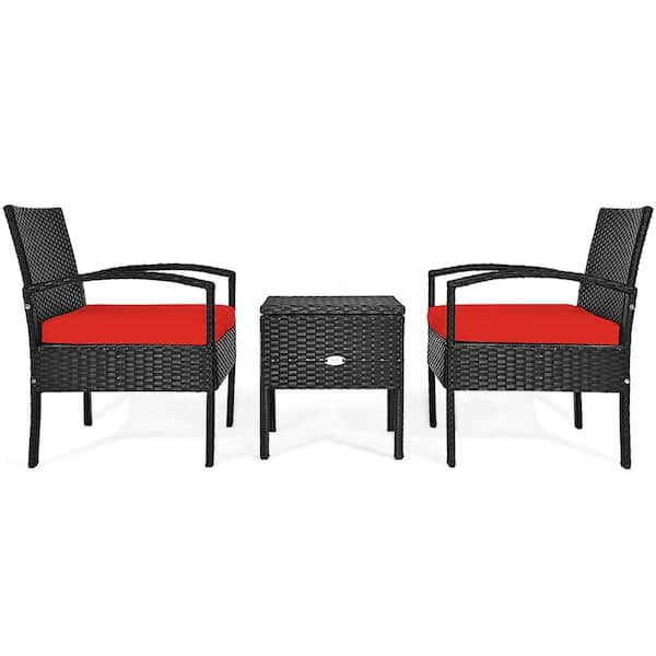 Gymax 3-Pieces Wicker Patio Conversation Furniture Set with Storage Table Red Cushion