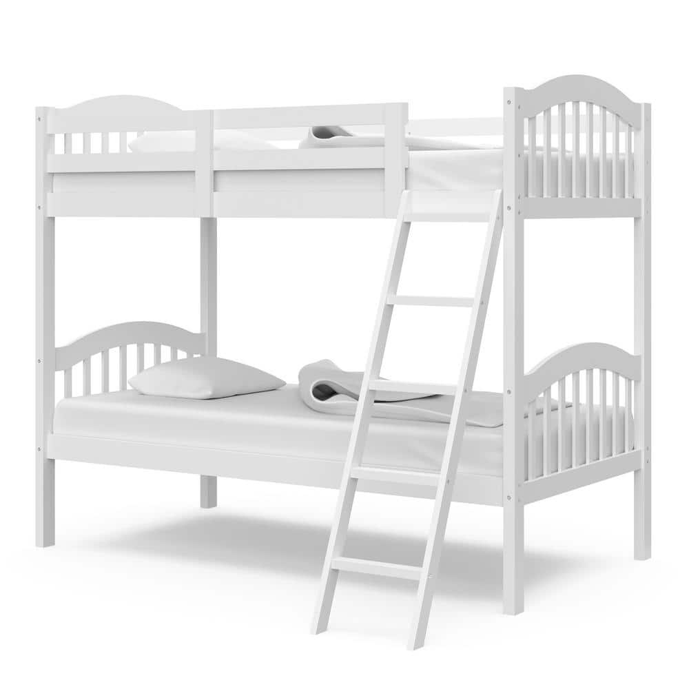 White Twin Mission Wood Bunk Bed with Headboard and Slats