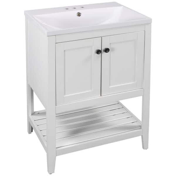 Borla 24 in. Modern Bathroom White Cabinet Bath Vanity with White Ceramic Sink Top, Shelf, Solid Wood Frame