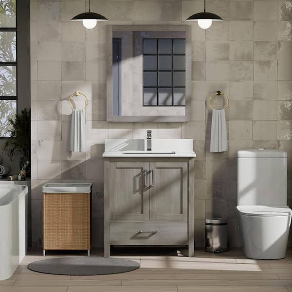 Jacques 30 in. W x 22 in. D Distressed Grey Bath Vanity, White Quartz Top, and 28 in. Mirror