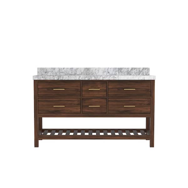 Willow Collections Parket Teak 60 in. W x 22 in. D x 36 in. H Double Sink Bath Vanity in Dark Walnut with Carrara Marble Top