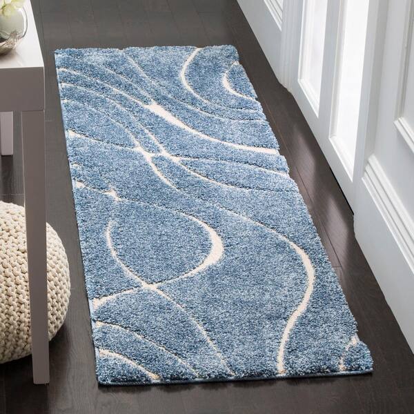 Florida Shag Light Blue/Cream 2 ft. x 11 ft. Solid Runner Rug