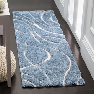 Florida Shag Light Blue/Cream 2 ft. x 7 ft. Solid Runner Rug