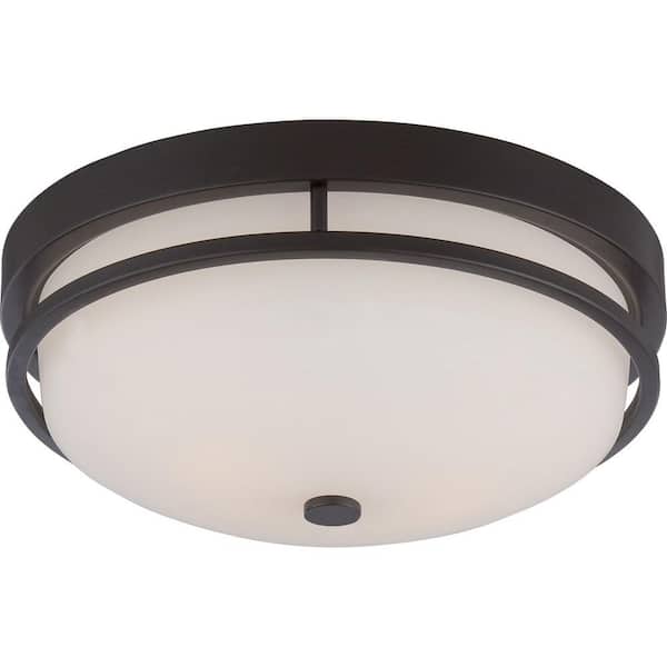 SATCO Neval 13 in. 2-Light Sudbury Bronze Transitional Semi-Flush Mount with Satin White Glass Shade and No Bulbs Included