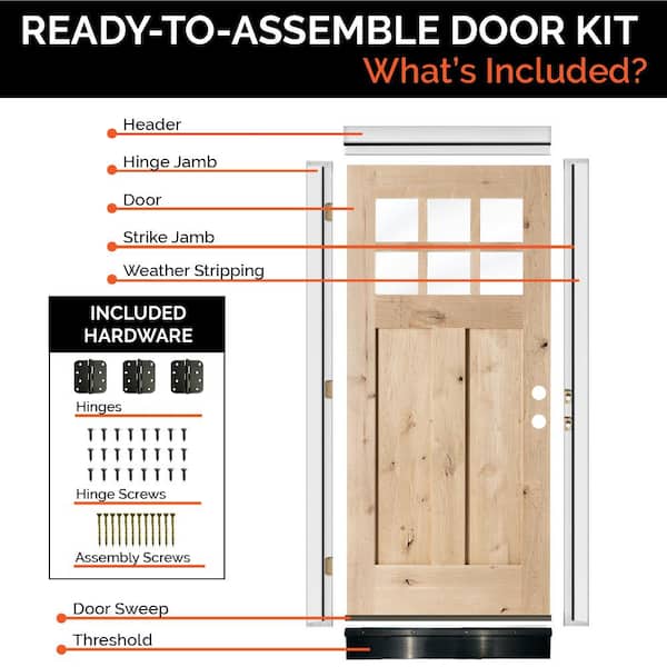 DIY RTA Kit 32in.x80in. Alder Left-Hand/Inswing 6-Lite Clear Glass Red Mahogany Stain Wood Ready To Assemble Front Door