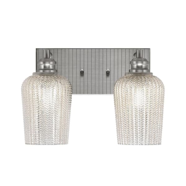 Lighting Theory Albany 14 in. 2-Light Brushed Nickel Vanity Light with Silver Textured Glass Shades