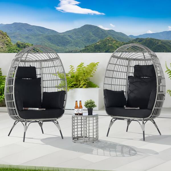 SANSTAR 3-Piece Patio Wicker Egg Chair Outdoor Bistro Set with Side Table, with Black Cushion