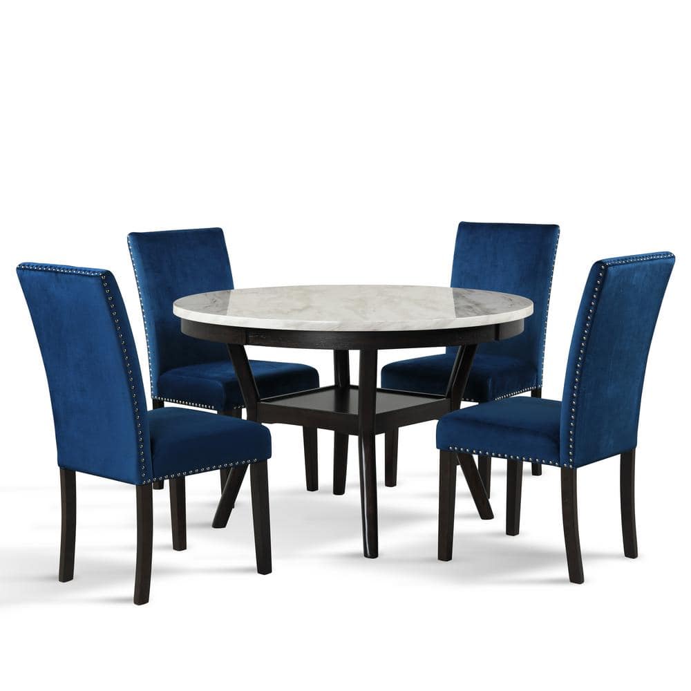 Celeste 5-Piece Blue Velvet and Faux Marble Dining Set