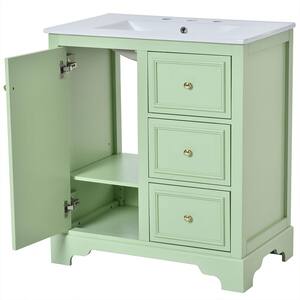 30 in. Freestanding Bath Vanity Cabinet in Green with White Ceramic Basin Top, 3 Drawers and Adjustable Shelves