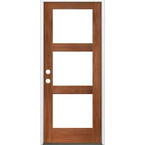 32 in. x 80 in. Modern Hemlock Right-Hand/Inswing 3-Lite Clear Glass Red Chestnut Stain Wood Prehung Front Door