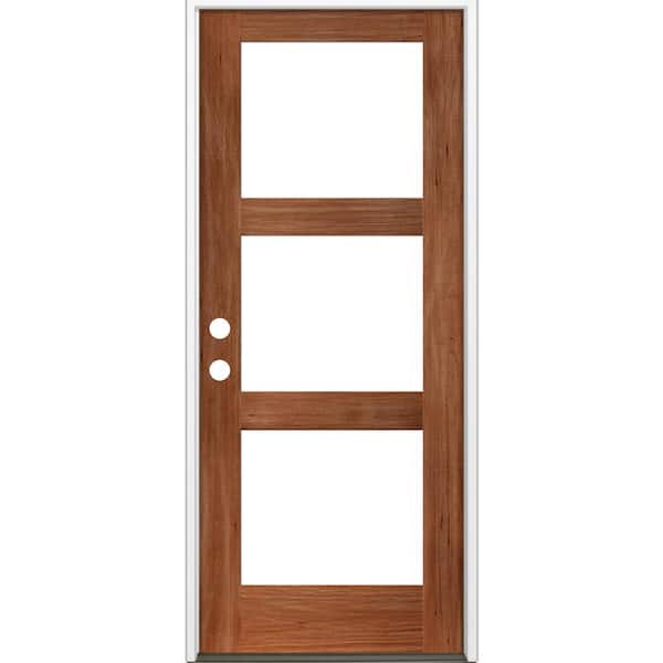 Krosswood Doors 32 in. x 80 in. Modern Hemlock Right-Hand/Inswing 3-Lite Clear Glass Red Chestnut Stain Wood Prehung Front Door