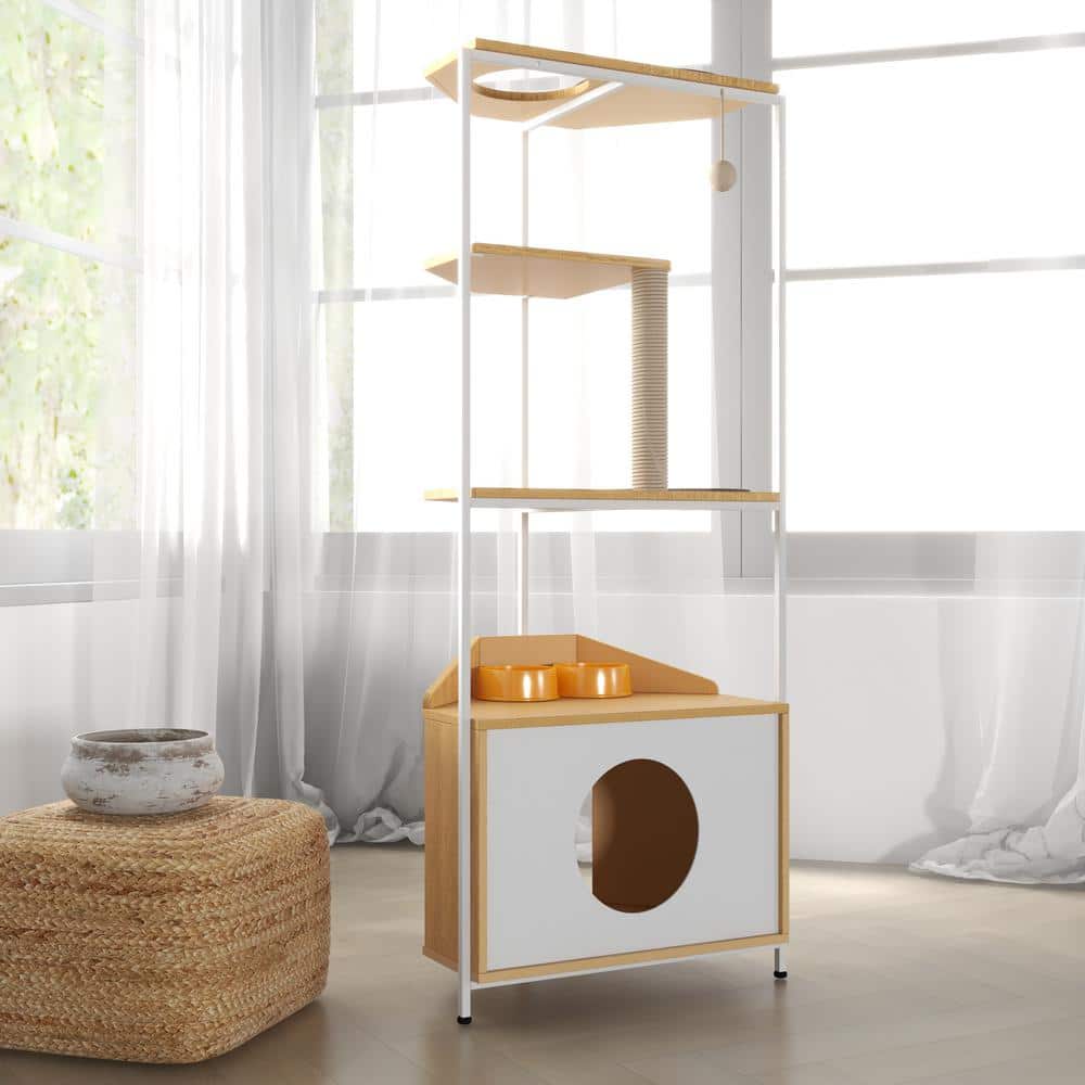 Corner Cat Tower with Scratching Post and Feeding Station