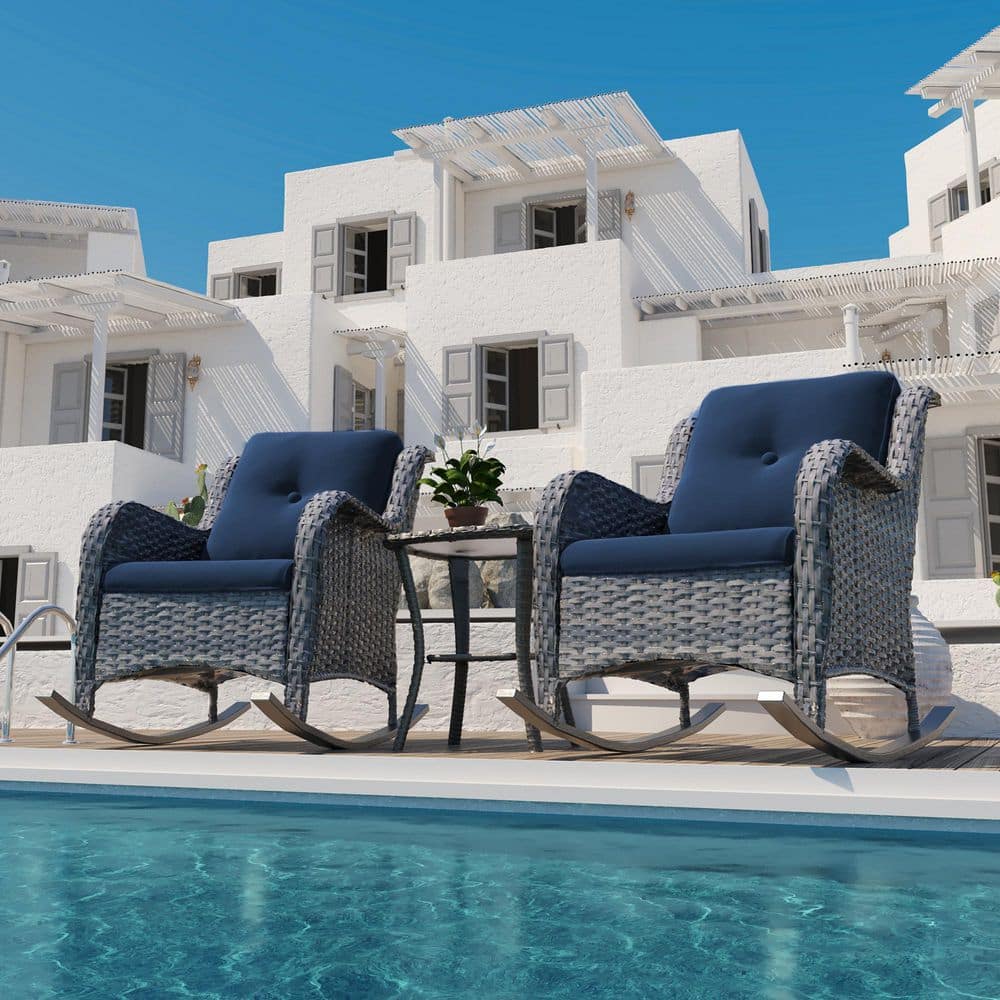3-Piece Wicker Outdoor Rocking Chairs with Dark Blue Cushions and 1-Table price history on PriceWatchPro