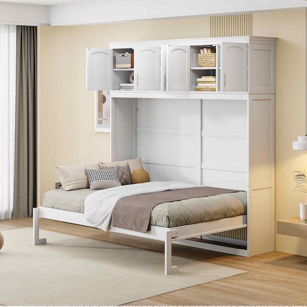 White Wood Frame Full Murphy Bed with Top Cabinets
