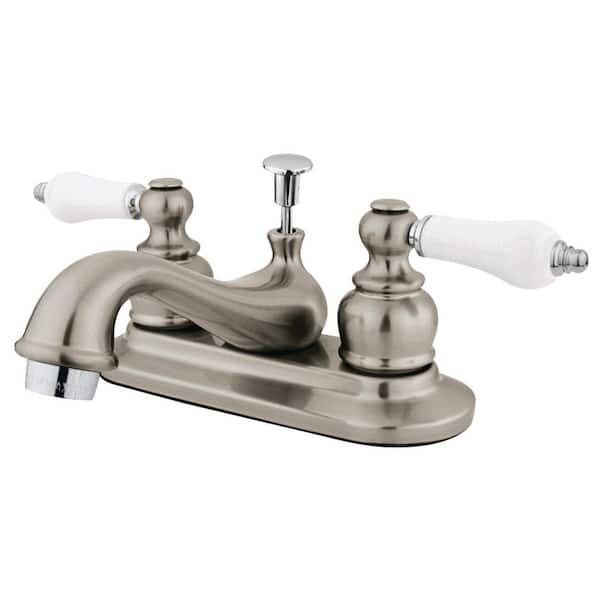 Kingston Brass Restoration 4 in. Centerset 2-Handle Bathroom Faucet with Plastic Pop-Up in Brushed Nickel/Polished Chrome